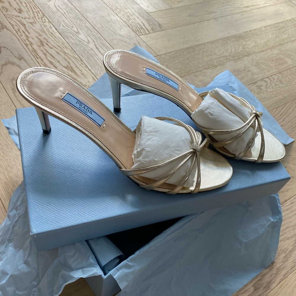 Prada Mordoré Nappa Leather Heeled Sandals in champagne Metallic